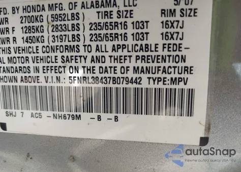 2007 Honda Odyssey Ex z USA, uszkodzony, nr VIN 5FNRL38437B079442